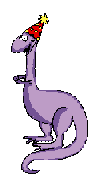 A purple dinosaur wearing a party hat