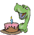 A dinosaur blowing out a candle on a birthday cake