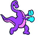 A purple dinosaur boxing