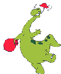 A dinosaur with a Christmas hat and a bag of presents