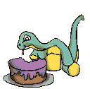 A dinosaur eating a cake