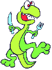 A dinosaur with a knife and fork